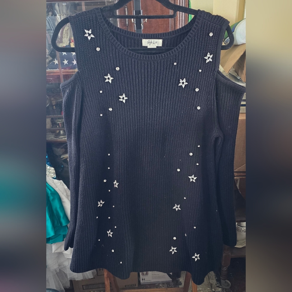 Style & Co. Black Jeweled Off Shoulder Ribbed Sweater